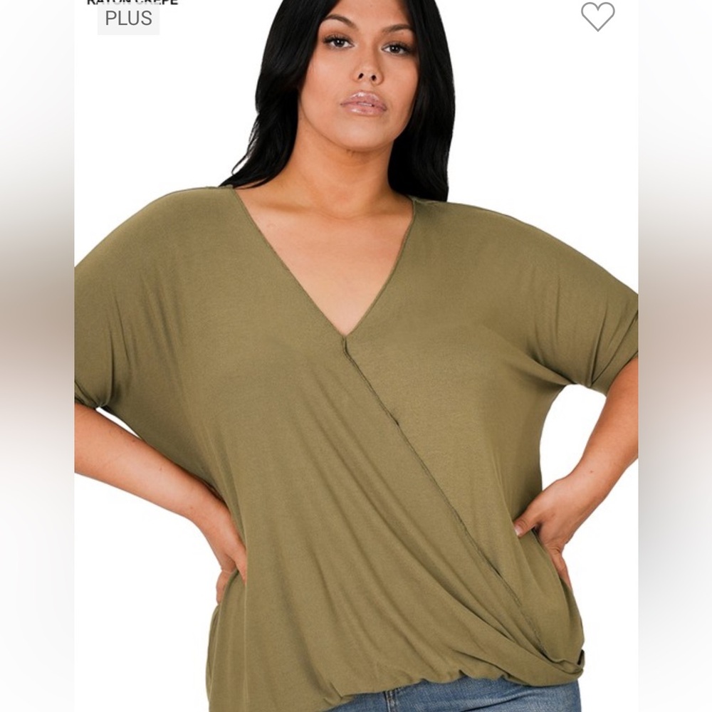 NWT! PLUS RAYON SPAN CREPE LAYERED-LOOK TOP LIGHTWEIGHT ONLY IN DUSTY OLIVE - Picture 2 of 4